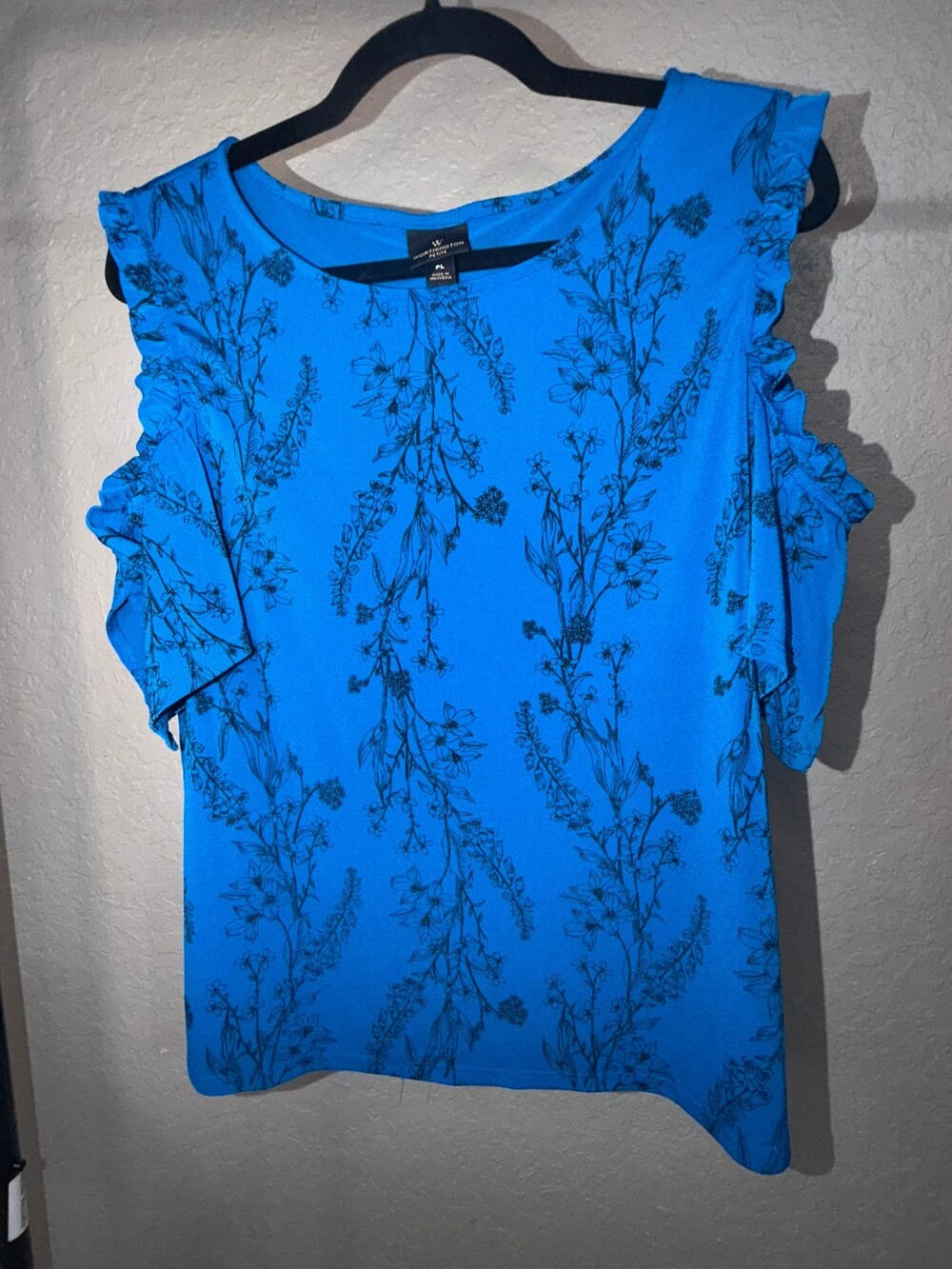 Worthington Blue Floral Cold Shoulder Ruffle Top - Size PL
